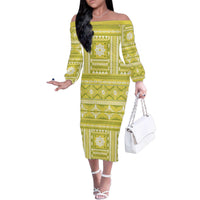 Fiji Masi All Yellow Family Matching Off The Shoulder Long Sleeve Dress and Hawaiian Shirt Tapa Pattern - Polynesian Pride