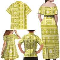Fiji Masi All Yellow Family Matching Off Shoulder Maxi Dress and Hawaiian Shirt Tapa Pattern - Polynesian Pride
