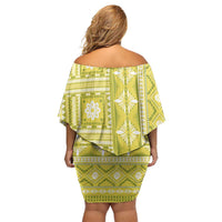 Fiji Masi All Yellow Family Matching Off Shoulder Short Dress and Hawaiian Shirt Tapa Pattern - Polynesian Pride