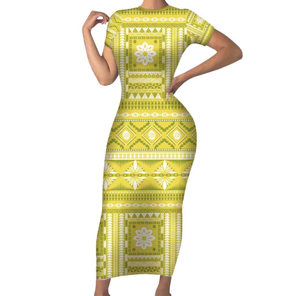 Fiji Masi All Yellow Family Matching Short Sleeve Bodycon Dress and Hawaiian Shirt Tapa Pattern - Polynesian Pride