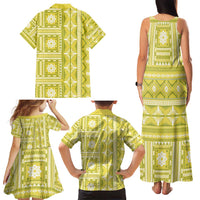 Fiji Masi All Yellow Family Matching Tank Maxi Dress and Hawaiian Shirt Tapa Pattern - Polynesian Pride
