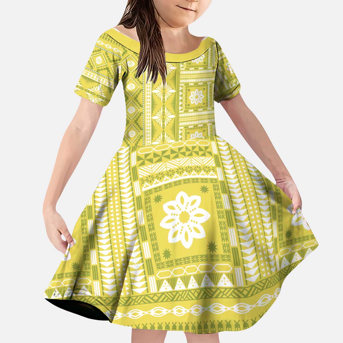 Fiji Masi All Yellow Kid Short Sleeve Dress Tapa Pattern - Polynesian Pride