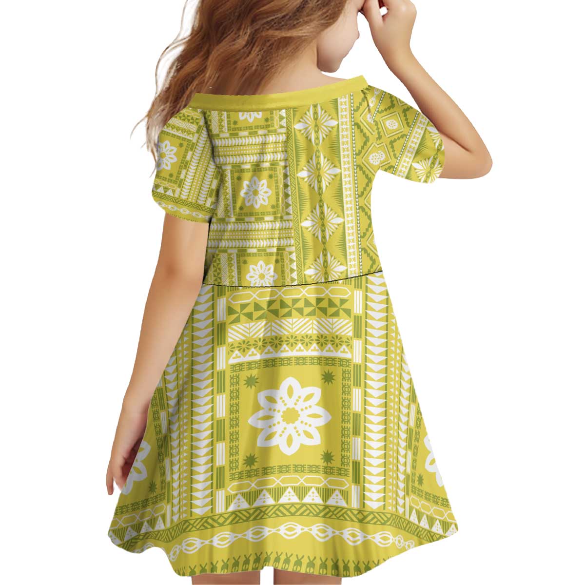 Fiji Masi All Yellow Kid Short Sleeve Dress Tapa Pattern - Polynesian Pride