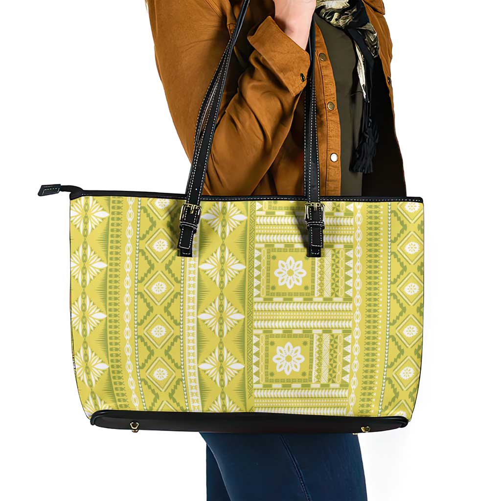 Fiji Masi All Yellow Leather Tote Bag Tapa Pattern - Polynesian Pride