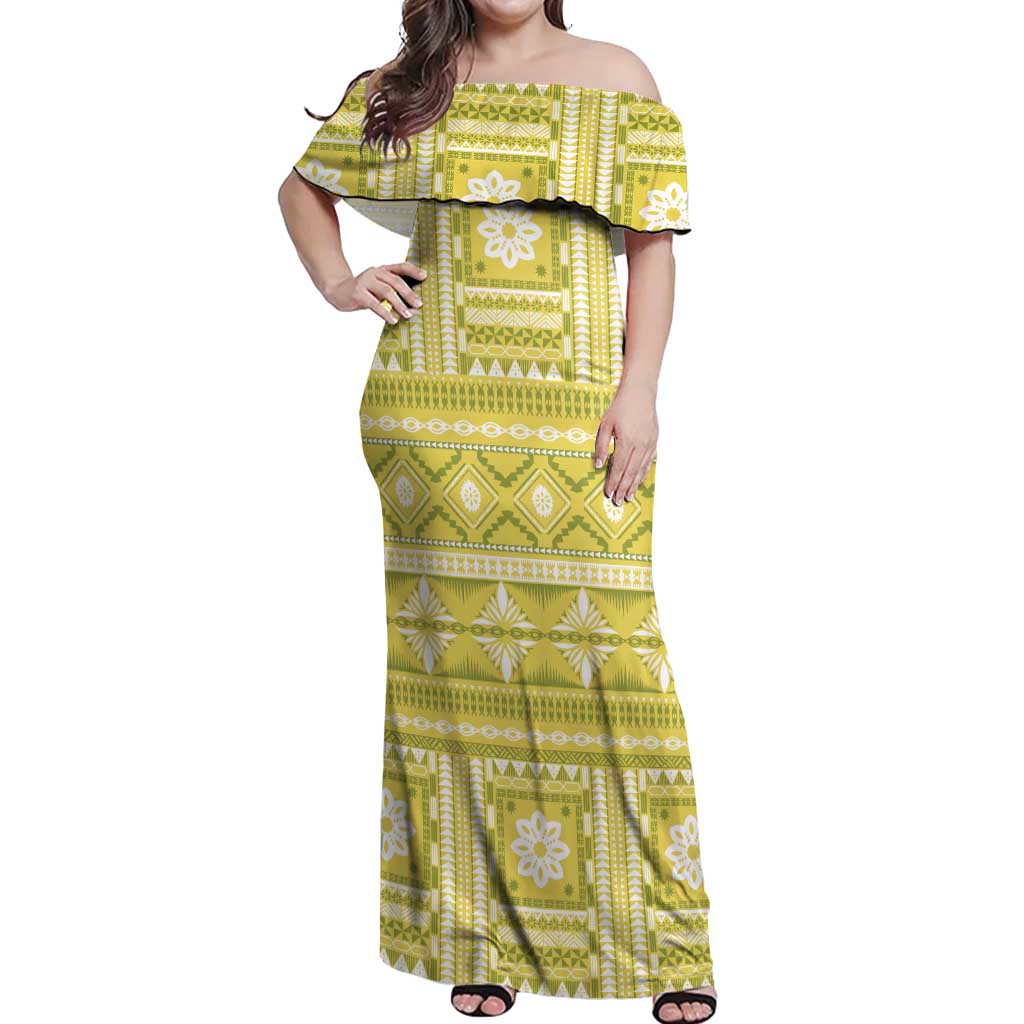 Fiji Masi All Yellow Off Shoulder Maxi Dress Tapa Pattern - Polynesian Pride