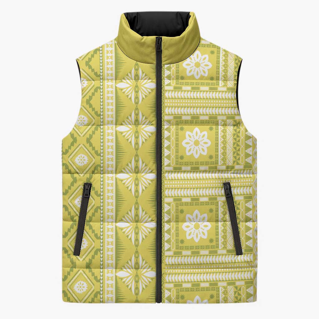 Fiji Masi All Yellow Sleeveless Puffer Jacket Tapa Pattern - Polynesian Pride