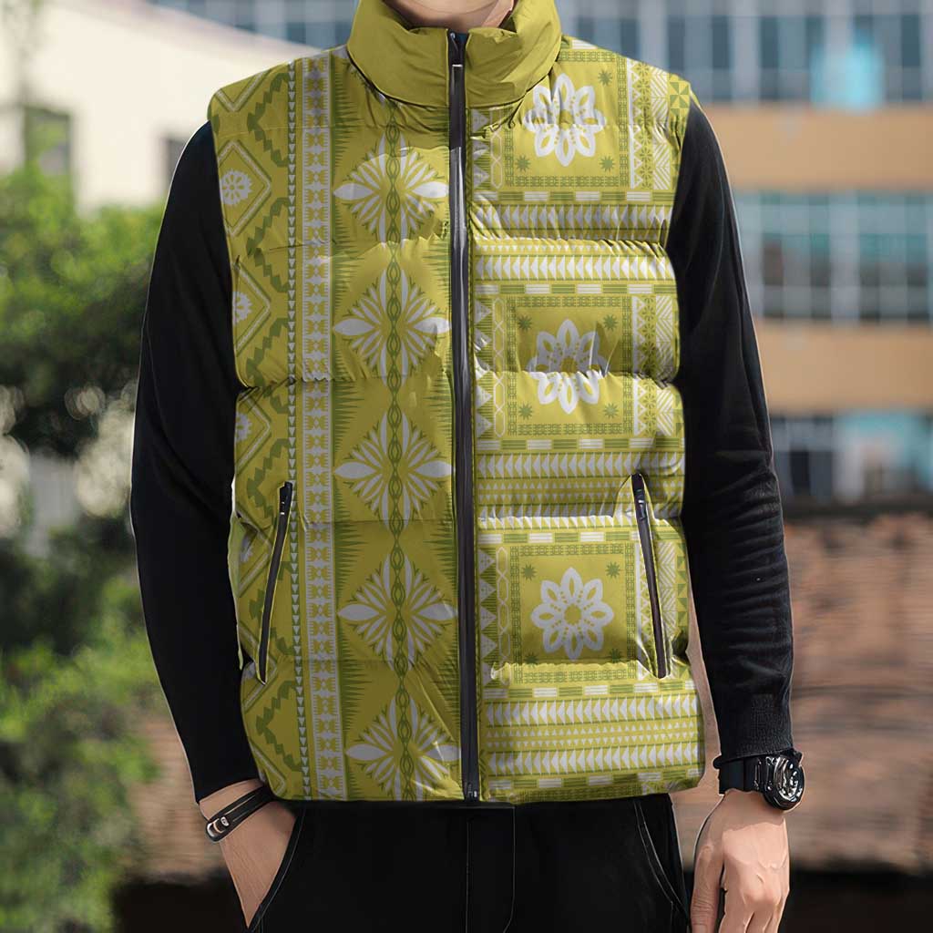 Fiji Masi All Yellow Sleeveless Puffer Jacket Tapa Pattern - Polynesian Pride