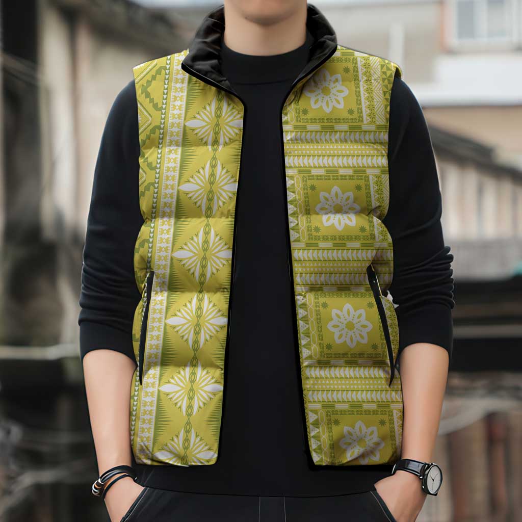 Fiji Masi All Yellow Sleeveless Puffer Jacket Tapa Pattern - Polynesian Pride