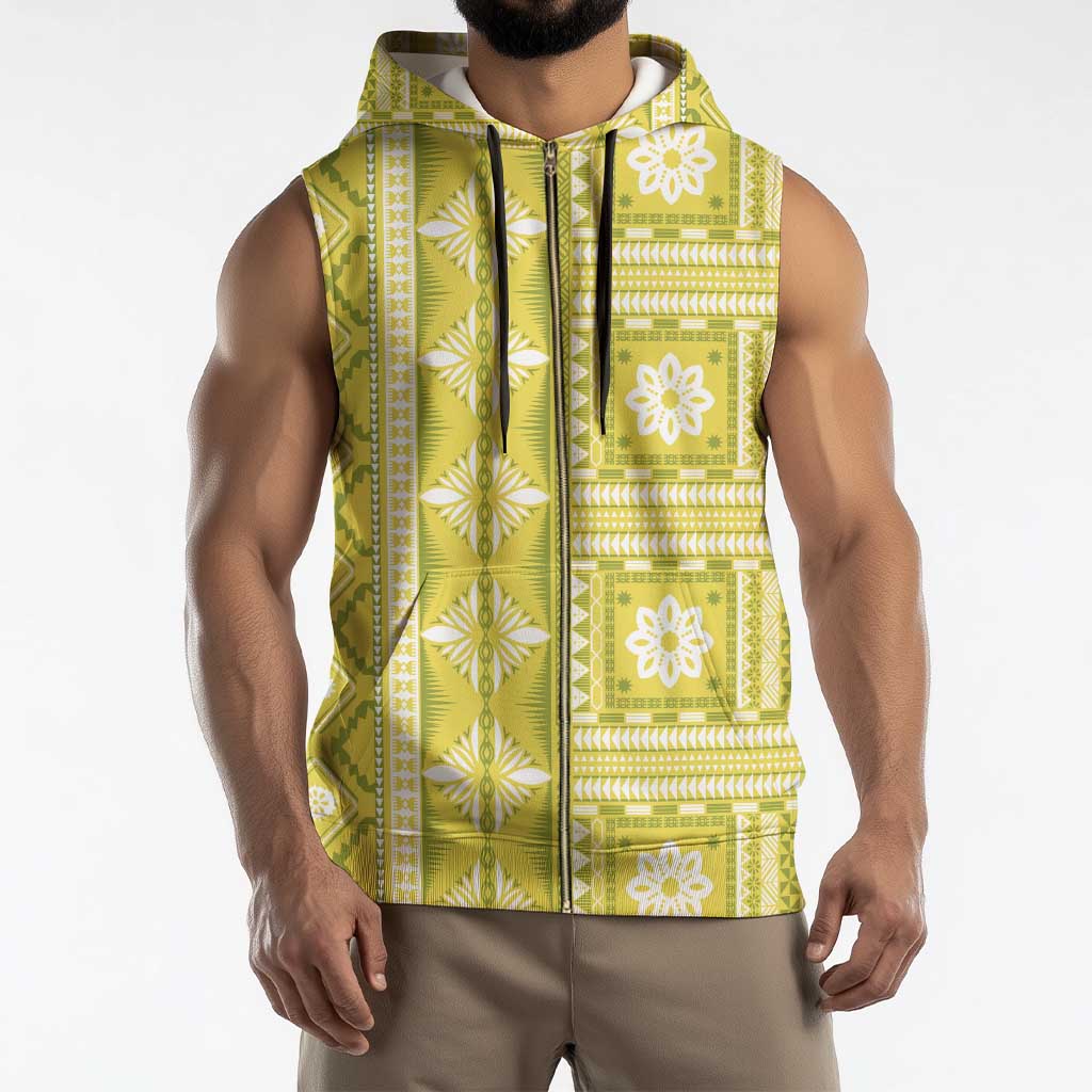 Fiji Masi All Yellow Sleeveless Zip Hoodie Tapa Pattern - Polynesian Pride