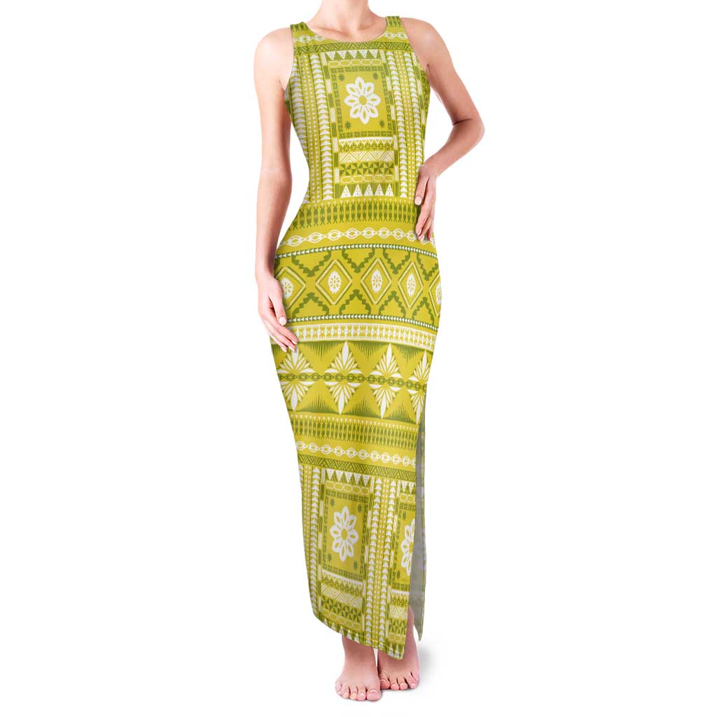 Fiji Masi All Yellow Tank Maxi Dress Tapa Pattern - Polynesian Pride