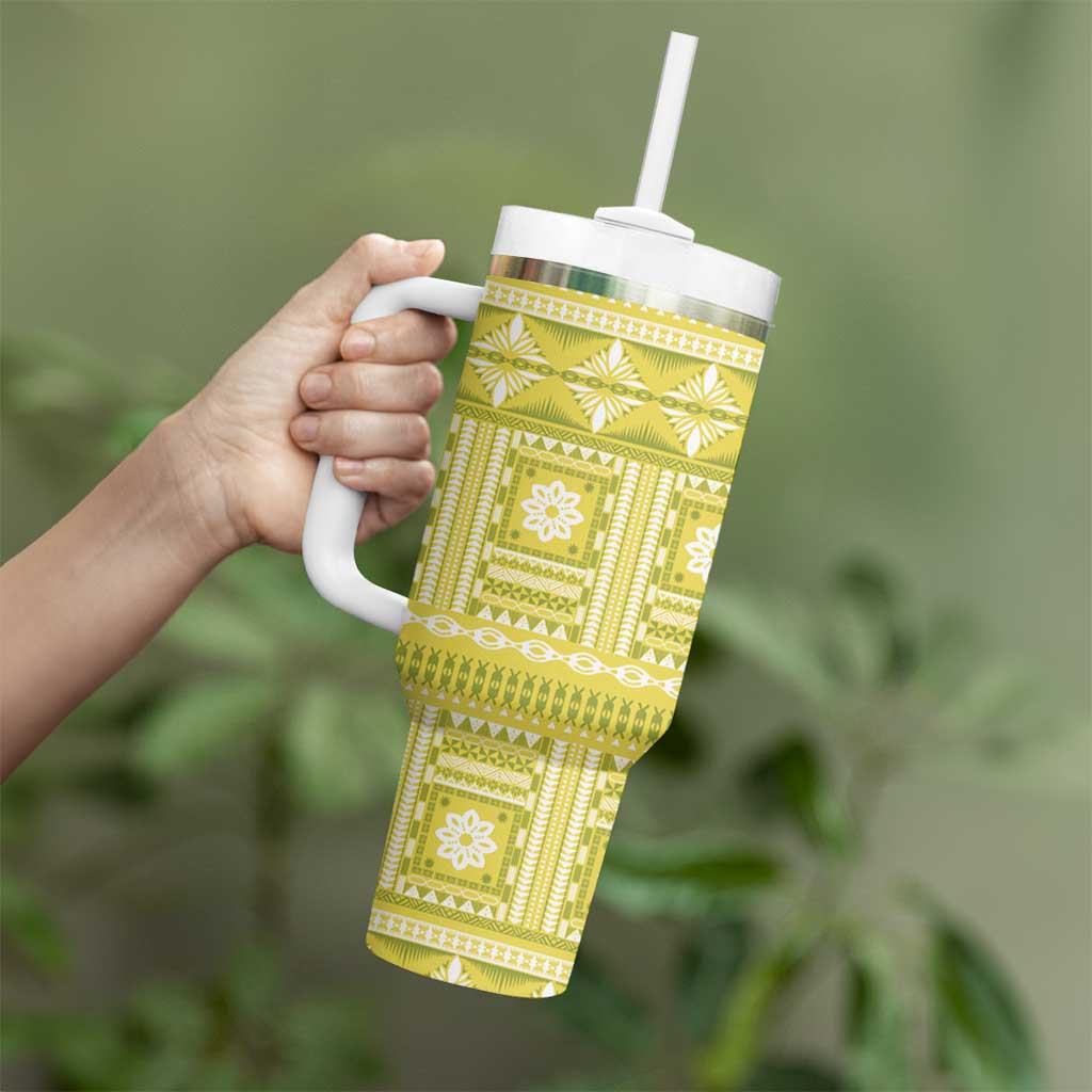 Fiji Masi All Yellow Tumbler With Handle Tapa Pattern - Polynesian Pride