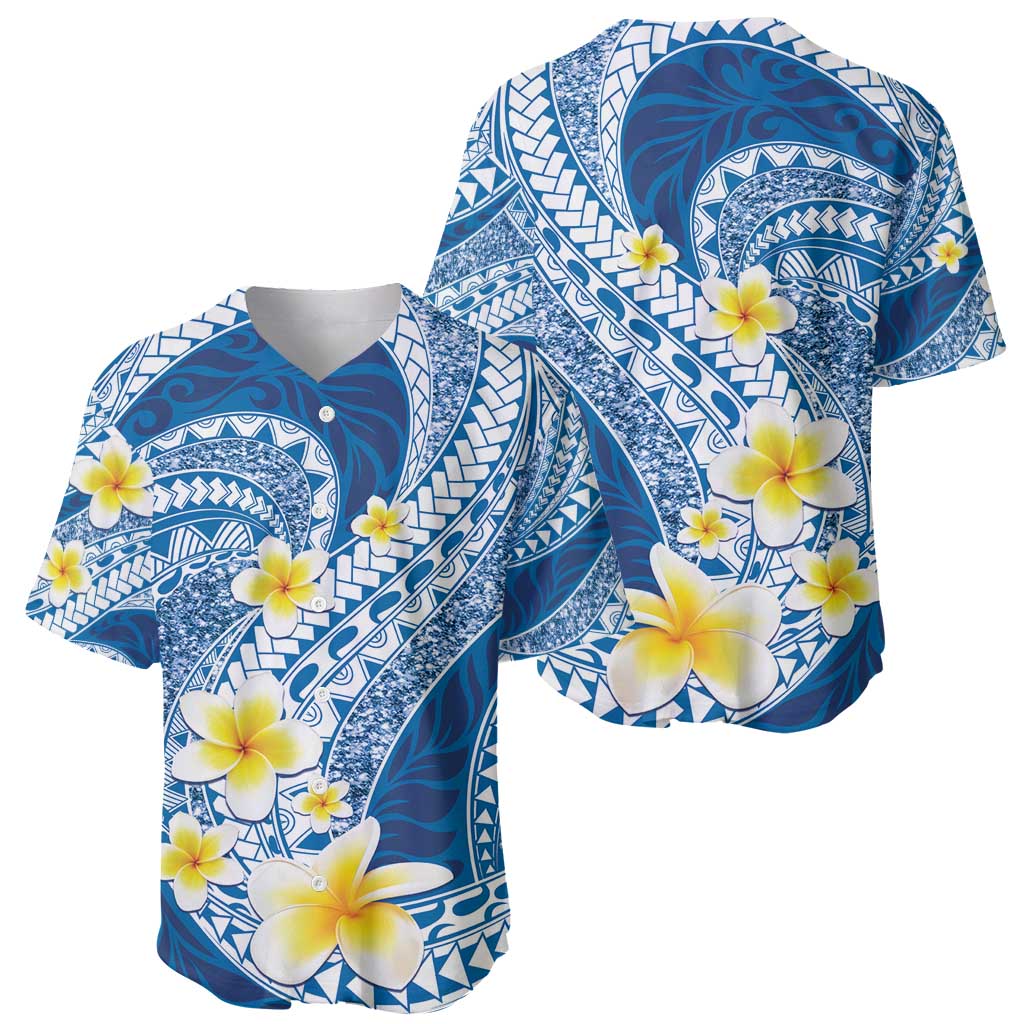 Plumeria Polynesian Blue Glitter Pattern Baseball Jersey