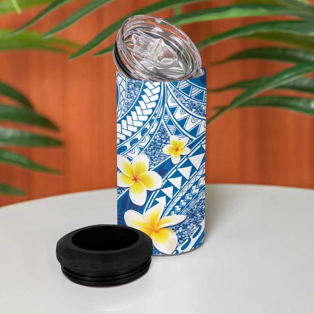 Plumeria Polynesian Blue Glitter Pattern 4 in 1 Can Cooler Tumbler