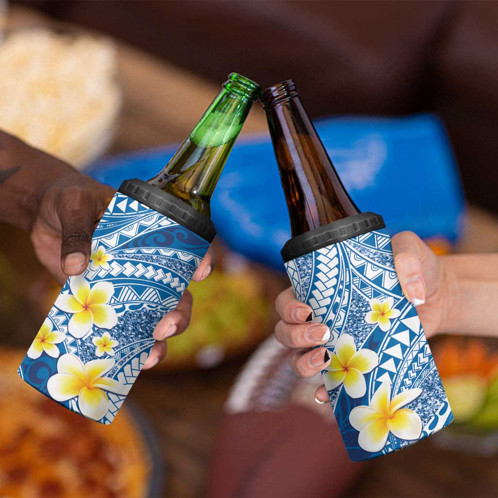 Plumeria Polynesian Blue Glitter Pattern 4 in 1 Can Cooler Tumbler
