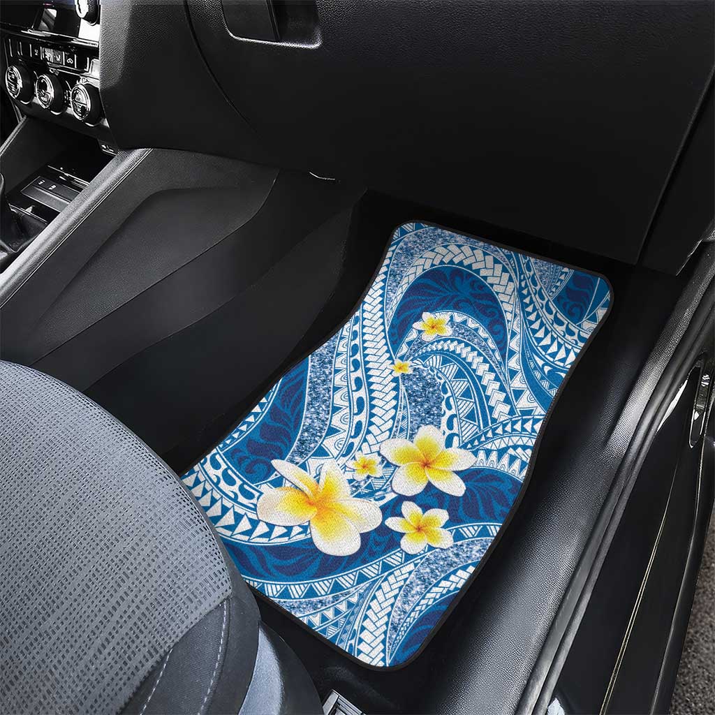 Plumeria Polynesian Blue Glitter Pattern Car Mats