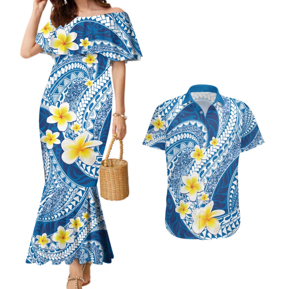 Plumeria Polynesian Blue Glitter Pattern Couples Matching Mermaid Dress and Hawaiian Shirt