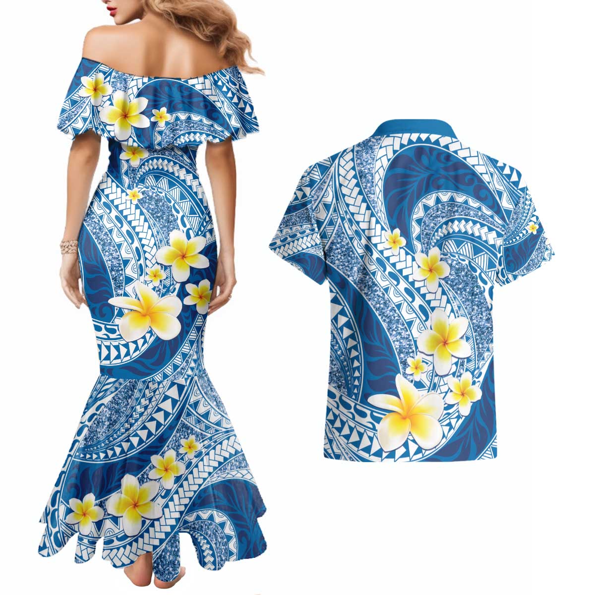 Plumeria Polynesian Blue Glitter Pattern Couples Matching Mermaid Dress and Hawaiian Shirt