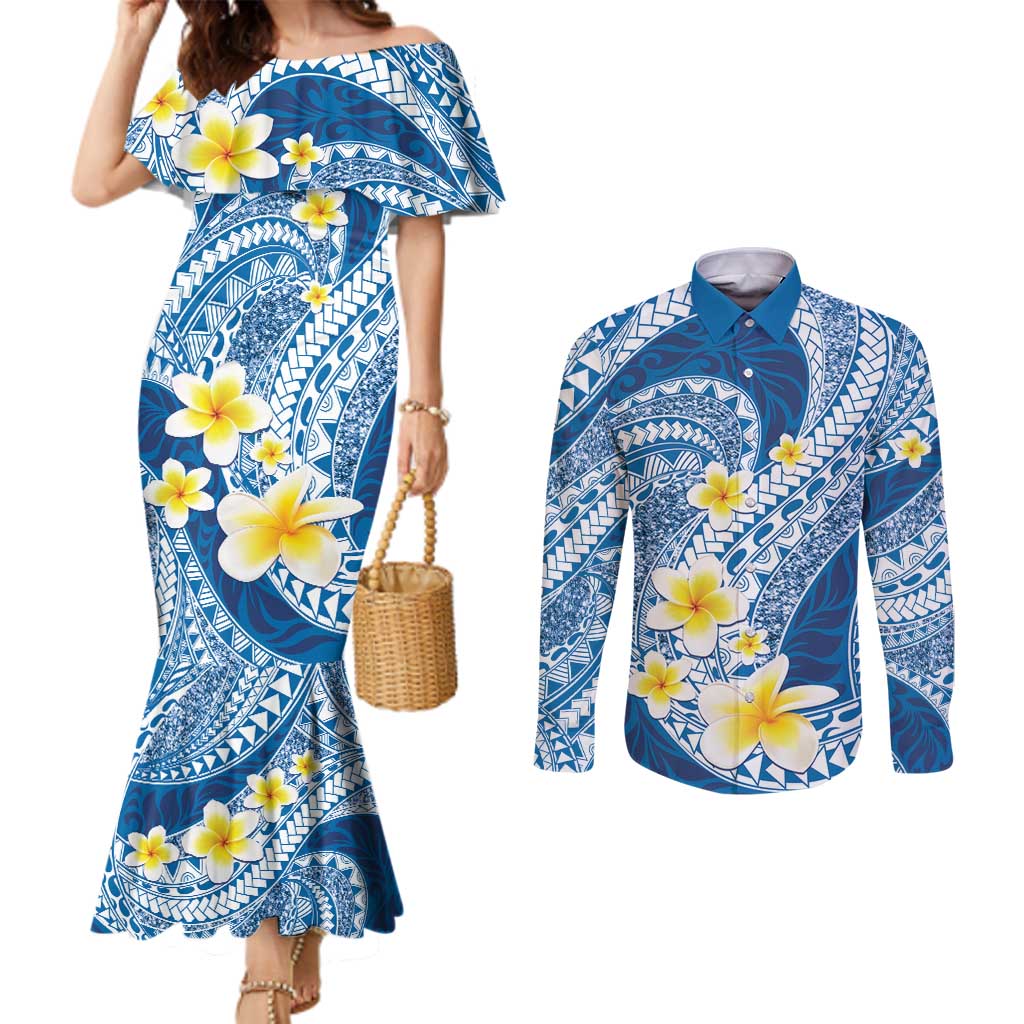 Plumeria Polynesian Blue Glitter Pattern Couples Matching Mermaid Dress and Long Sleeve Button Shirt