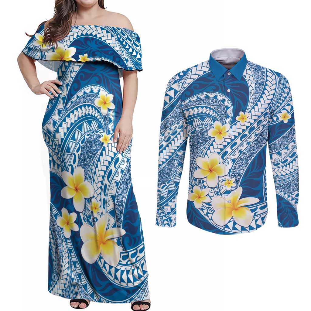 Plumeria Polynesian Blue Glitter Pattern Couples Matching Off Shoulder Maxi Dress and Long Sleeve Button Shirt