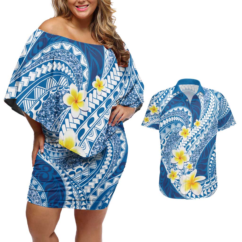 Plumeria Polynesian Blue Glitter Pattern Couples Matching Off Shoulder Short Dress and Hawaiian Shirt
