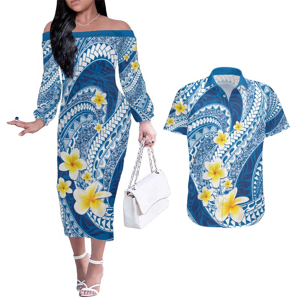 Plumeria Polynesian Blue Glitter Pattern Couples Matching Off The Shoulder Long Sleeve Dress and Hawaiian Shirt