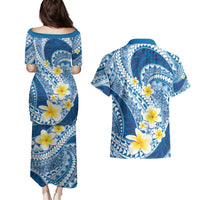 Plumeria Polynesian Blue Glitter Pattern Couples Matching Puletasi and Hawaiian Shirt