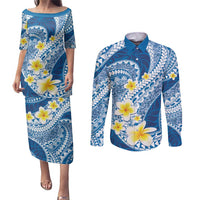 Plumeria Polynesian Blue Glitter Pattern Couples Matching Puletasi and Long Sleeve Button Shirt