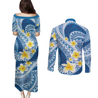 Plumeria Polynesian Blue Glitter Pattern Couples Matching Puletasi and Long Sleeve Button Shirt