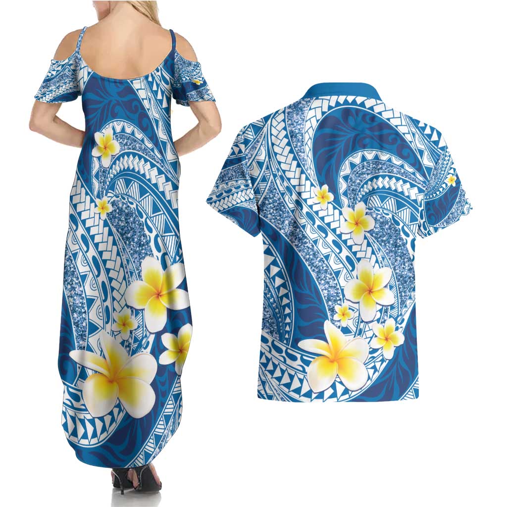 Plumeria Polynesian Blue Glitter Pattern Couples Matching Summer Maxi Dress and Hawaiian Shirt