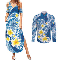 Plumeria Polynesian Blue Glitter Pattern Couples Matching Summer Maxi Dress and Long Sleeve Button Shirt