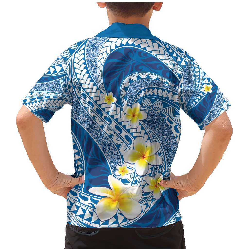 Plumeria Polynesian Blue Glitter Pattern Family Matching Mermaid Dress and Hawaiian Shirt