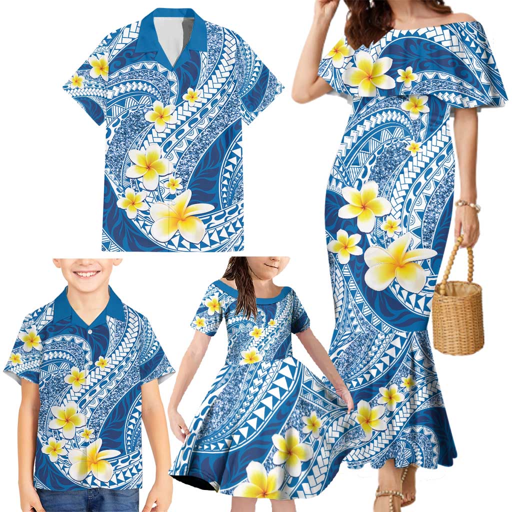 Plumeria Polynesian Blue Glitter Pattern Family Matching Mermaid Dress and Hawaiian Shirt