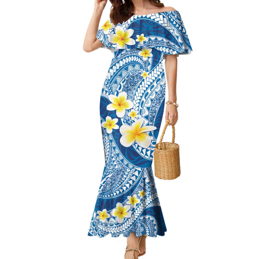 Plumeria Polynesian Blue Glitter Pattern Family Matching Mermaid Dress and Hawaiian Shirt