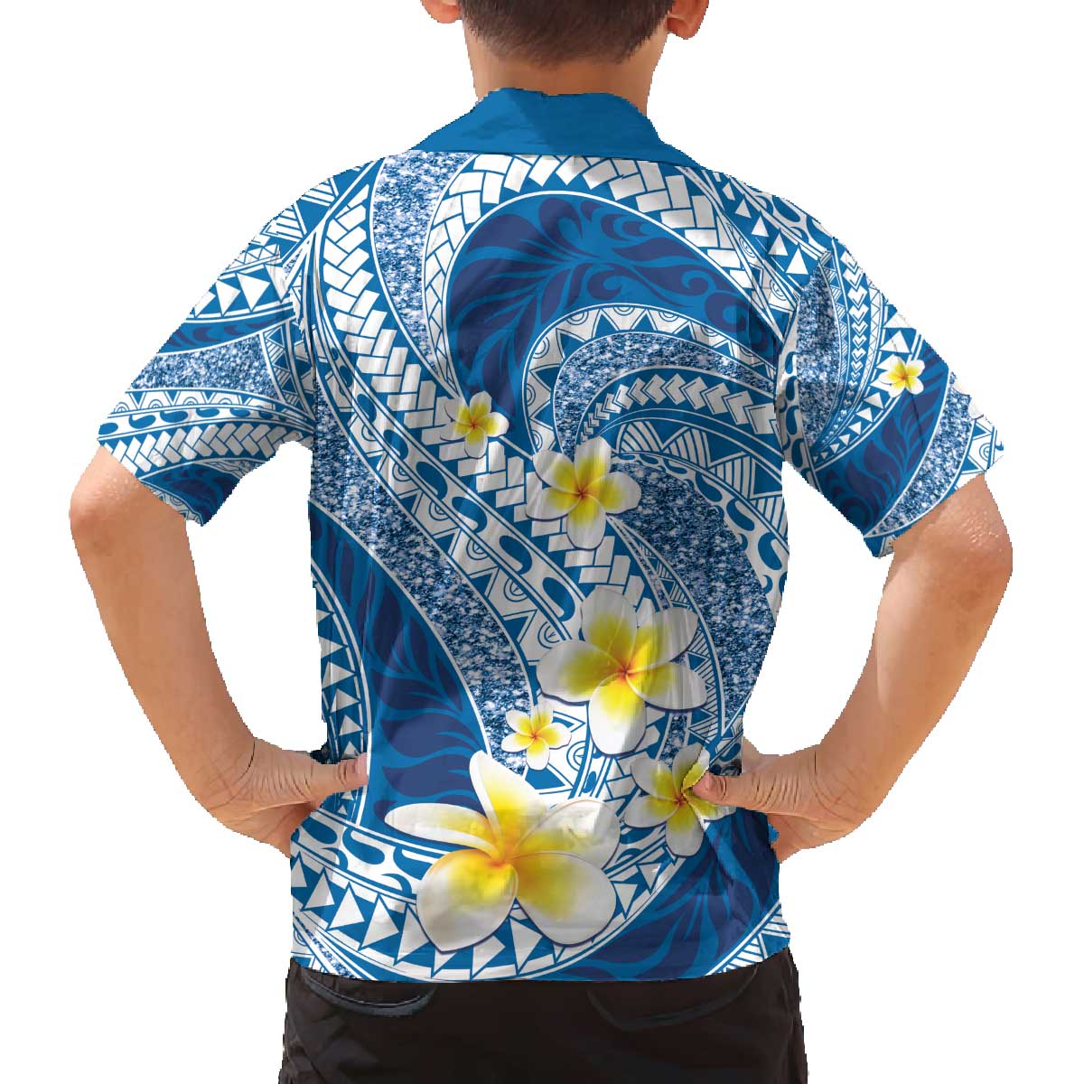 Plumeria Polynesian Blue Glitter Pattern Family Matching Off The Shoulder Long Sleeve Dress and Hawaiian Shirt