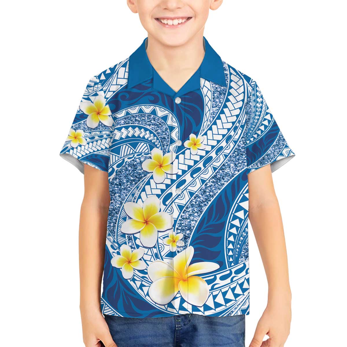 Plumeria Polynesian Blue Glitter Pattern Family Matching Off The Shoulder Long Sleeve Dress and Hawaiian Shirt