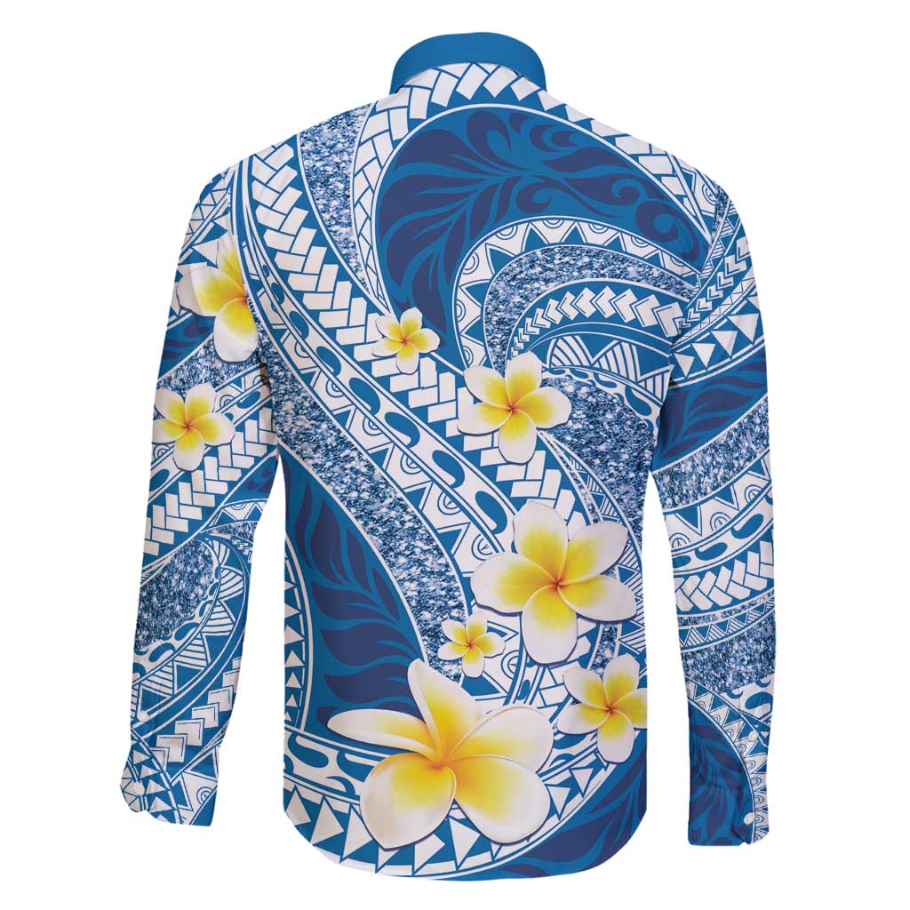 Plumeria Polynesian Blue Glitter Pattern Family Matching Off Shoulder Maxi Dress and Hawaiian Shirt