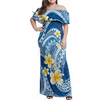 Plumeria Polynesian Blue Glitter Pattern Family Matching Off Shoulder Maxi Dress and Hawaiian Shirt