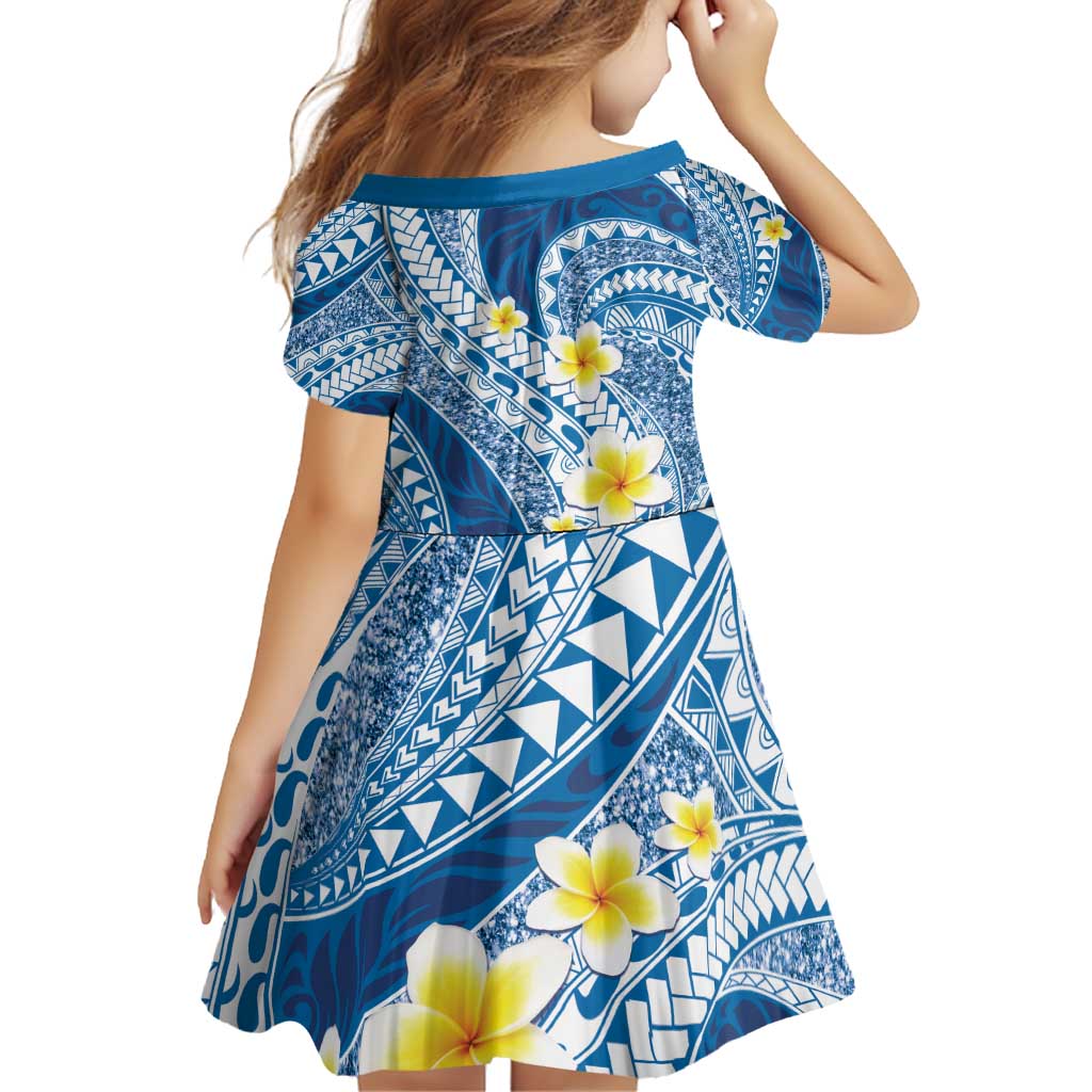 Plumeria Polynesian Blue Glitter Pattern Family Matching Off Shoulder Short Dress and Hawaiian Shirt