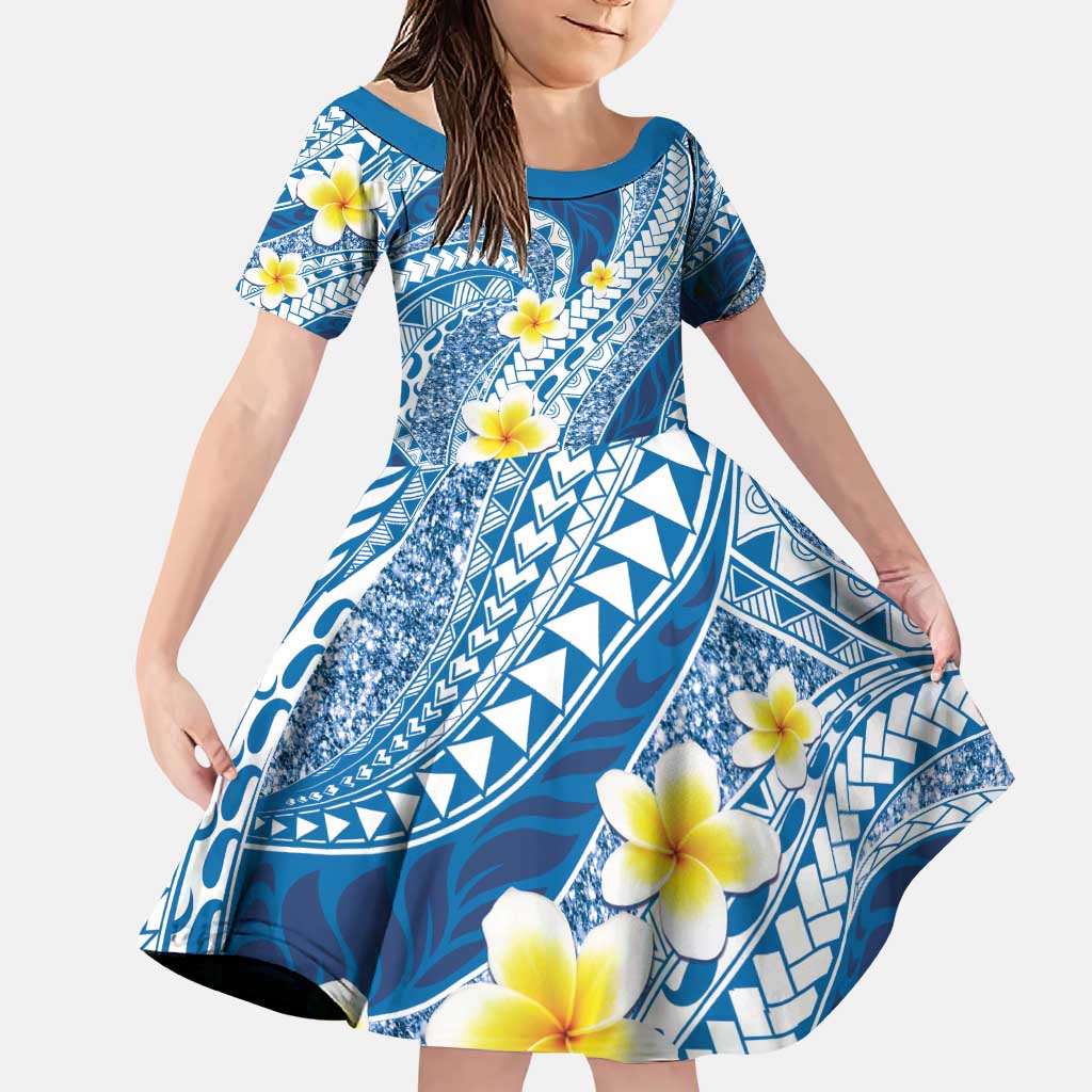 Plumeria Polynesian Blue Glitter Pattern Family Matching Puletasi and Hawaiian Shirt