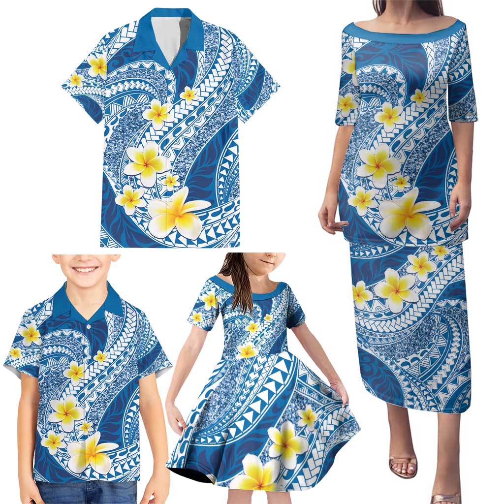 Plumeria Polynesian Blue Glitter Pattern Family Matching Puletasi and Hawaiian Shirt