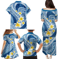 Plumeria Polynesian Blue Glitter Pattern Family Matching Puletasi and Hawaiian Shirt