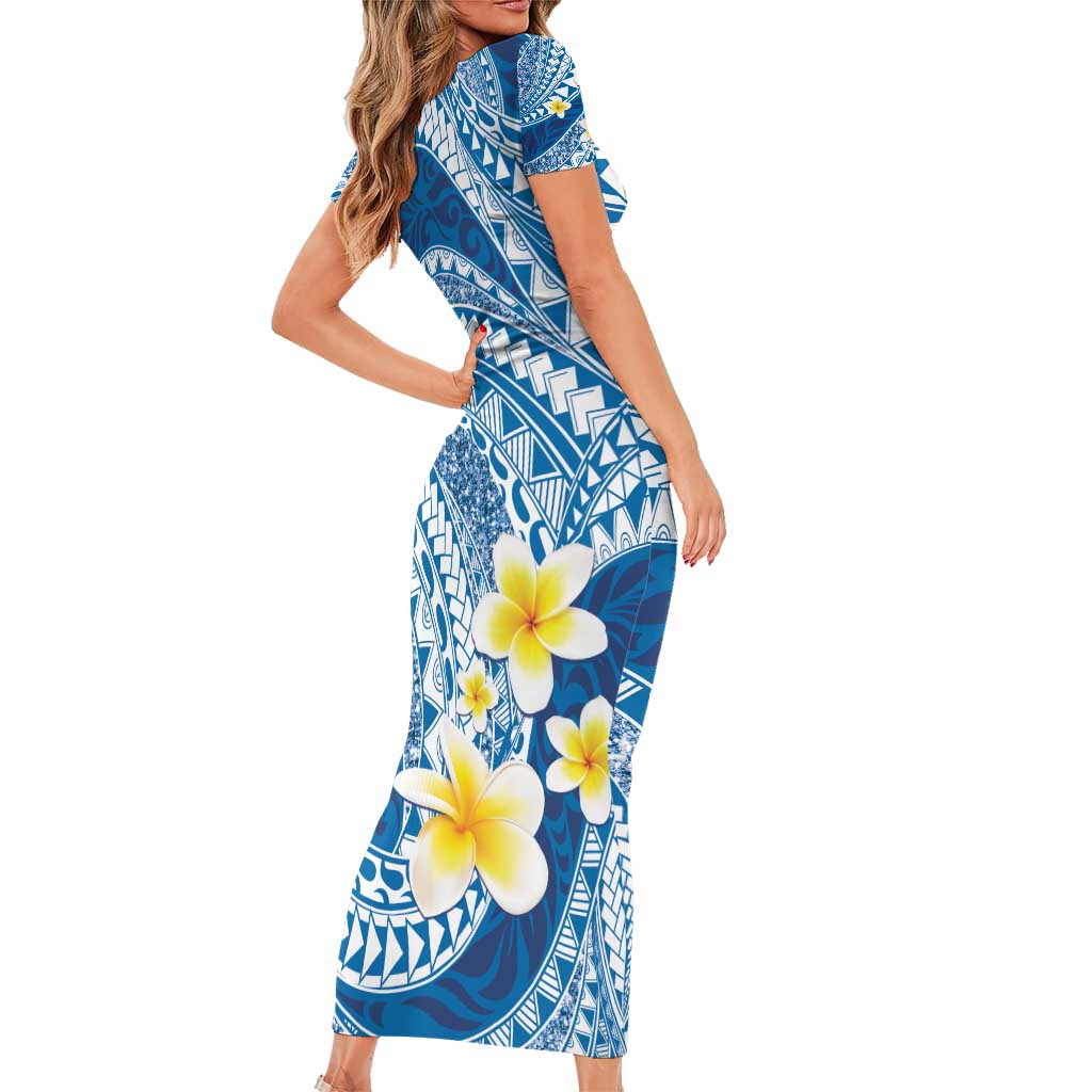 Plumeria Polynesian Blue Glitter Pattern Family Matching Short Sleeve Bodycon Dress and Hawaiian Shirt