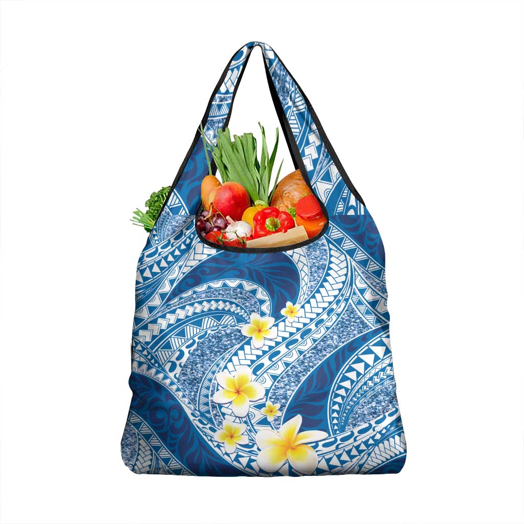 Plumeria Polynesian Blue Glitter Pattern Grocery Bag