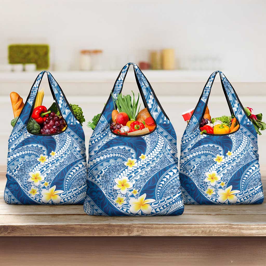 Plumeria Polynesian Blue Glitter Pattern Grocery Bag