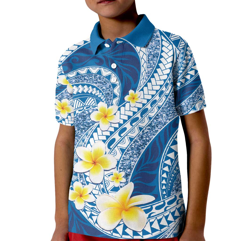 Plumeria Polynesian Blue Glitter Pattern Kid Polo Shirt