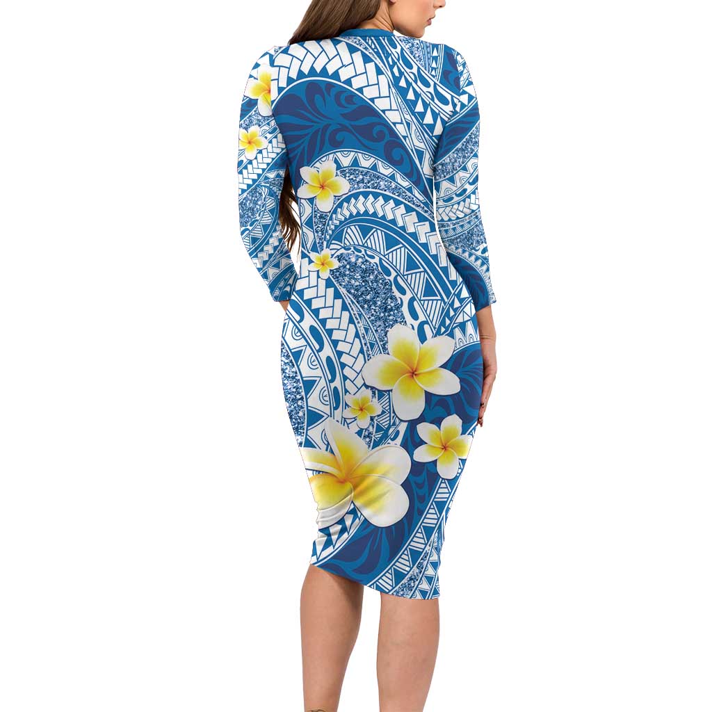 Plumeria Polynesian Blue Glitter Pattern Long Sleeve Bodycon Dress