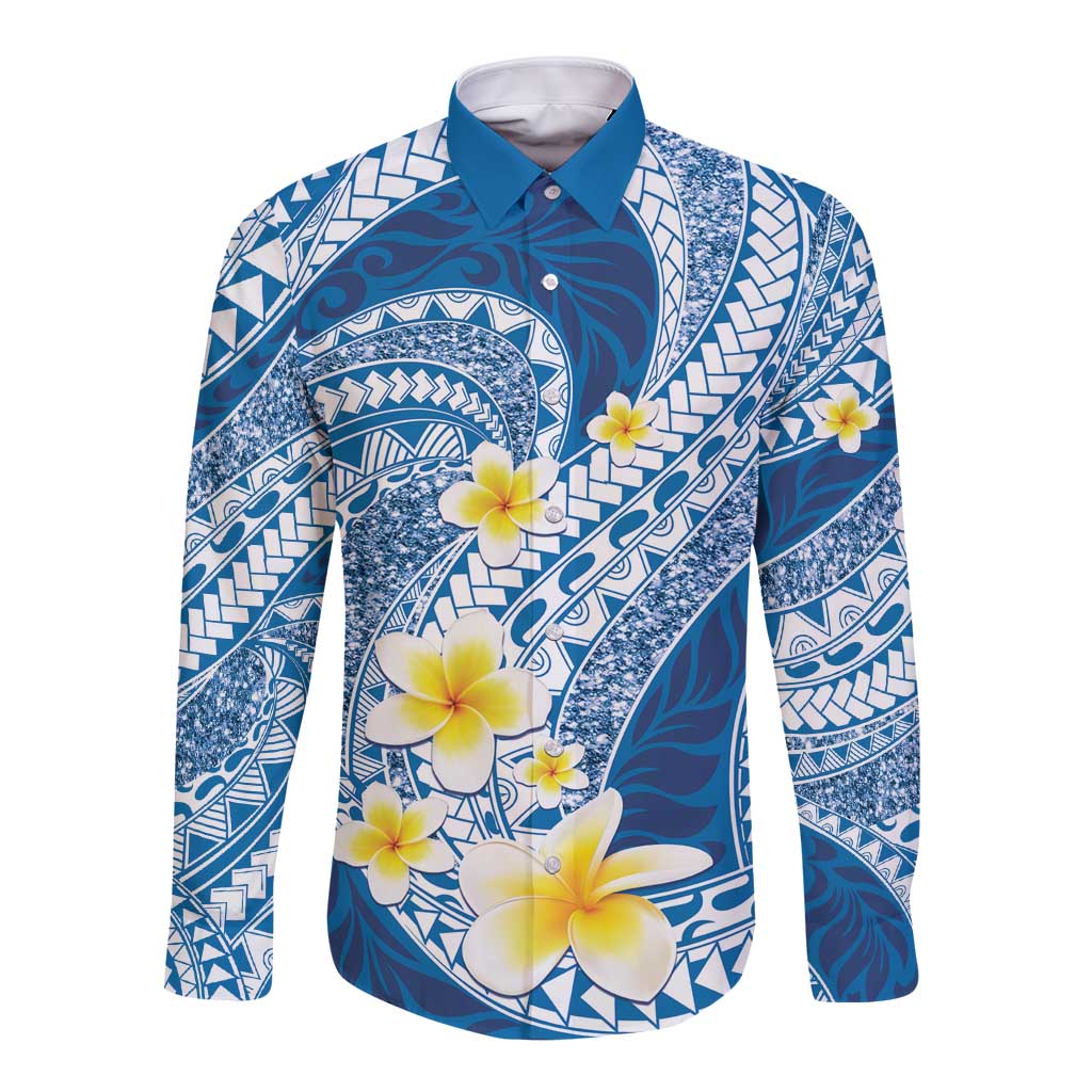 Plumeria Polynesian Blue Glitter Pattern Long Sleeve Button Shirt