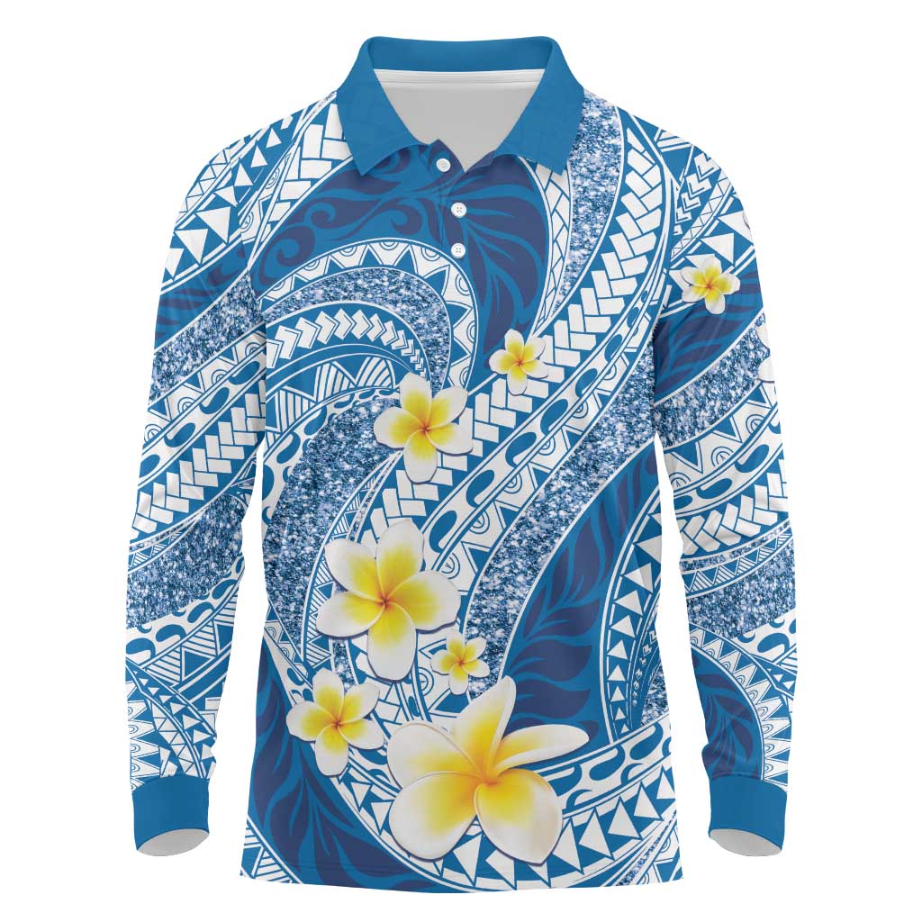 Plumeria Polynesian Blue Glitter Pattern Long Sleeve Polo Shirt LT01 Blue - Polynesian Pride
