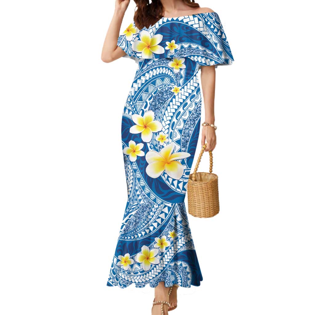 Plumeria Polynesian Blue Glitter Pattern Mermaid Dress LT01 Women Blue - Polynesian Pride