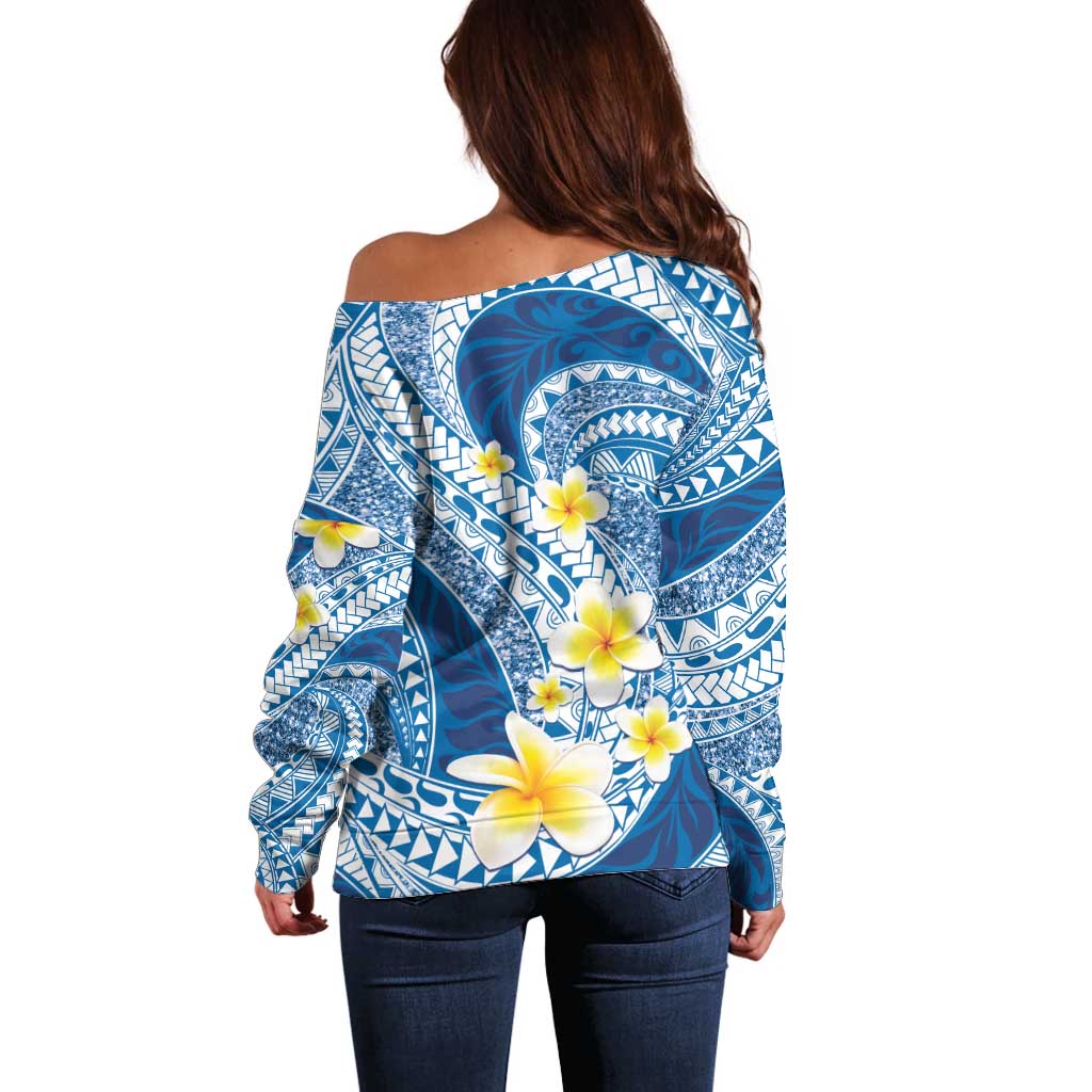 Plumeria Polynesian Blue Glitter Pattern Off Shoulder Sweater
